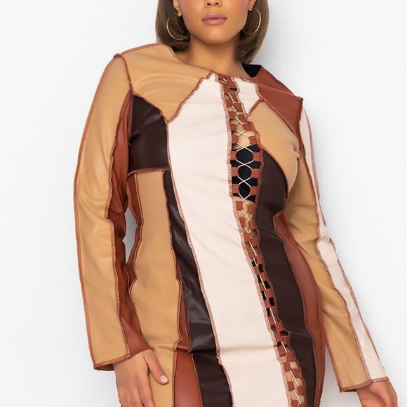 NO BAD DAYS FAUX LEATHER PATCHWORK MIDI DRESS - Picture 5 of 6